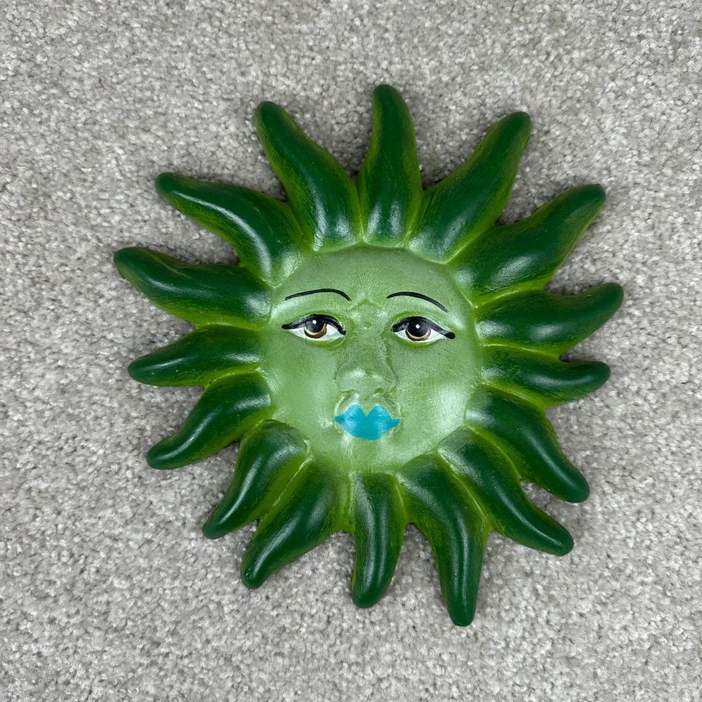 Vintage Green Sun Face Wall Decor Celestial Whimsigoth Ceramic Plaque 8.5